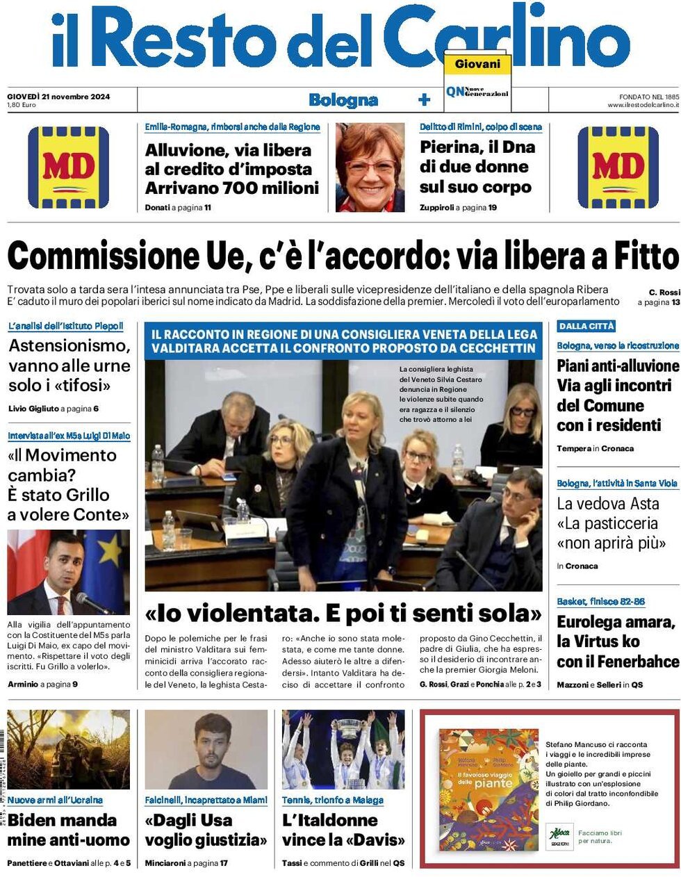 Prima Pagina Il Resto del Carlino 21/11/2024