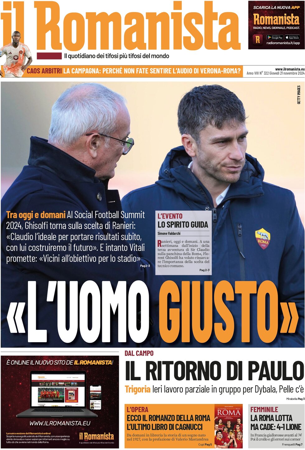 Prima Pagina Il Romanista 21/11/2024