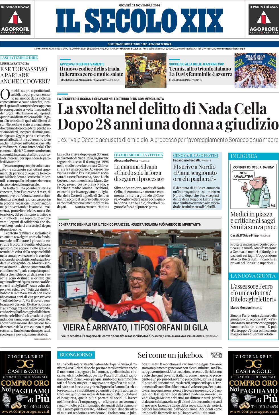 Prima Pagina Il Secolo XIX 21/11/2024