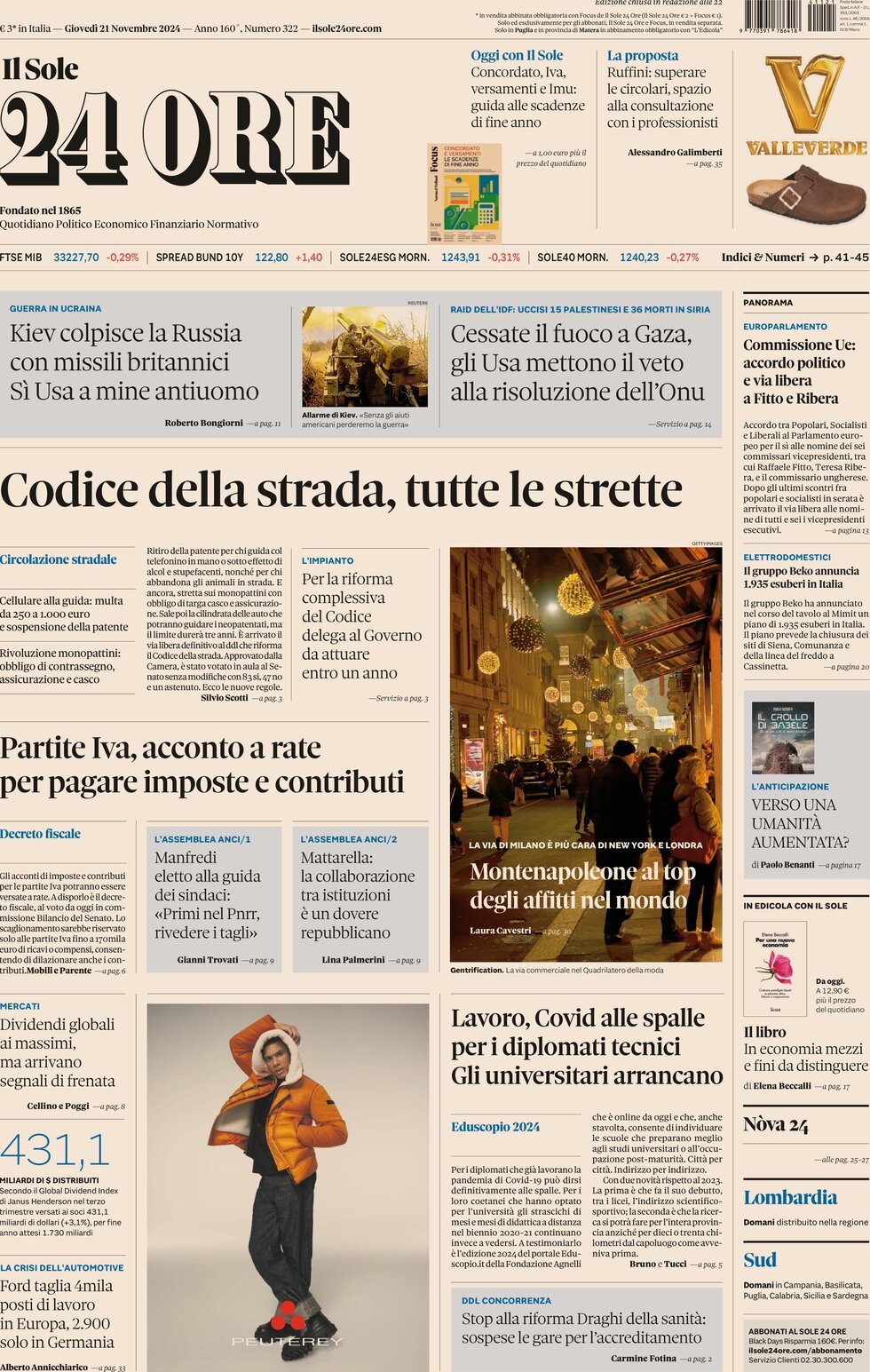 Prima Pagina Il Sole 24 Ore 21/11/2024