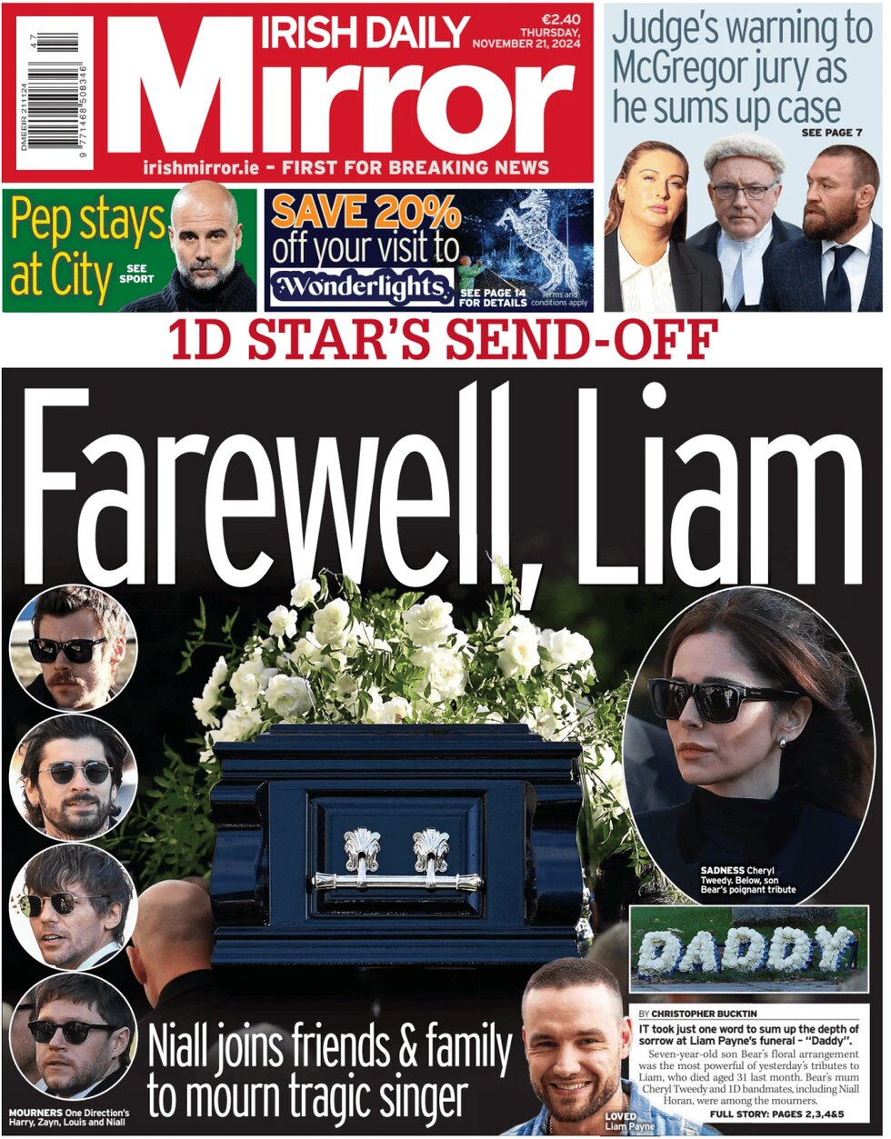 Prima Pagina Irish Daily Mirror 21/11/2024