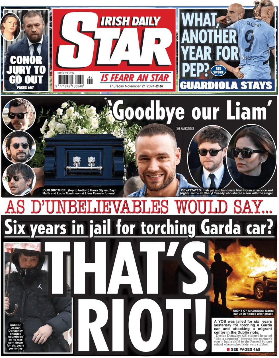 Prima Pagina Irish Daily Star 21/11/2024