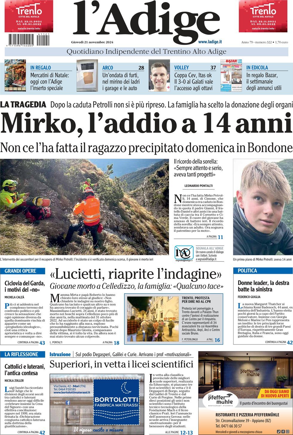 Prima Pagina L'Adige 21/11/2024