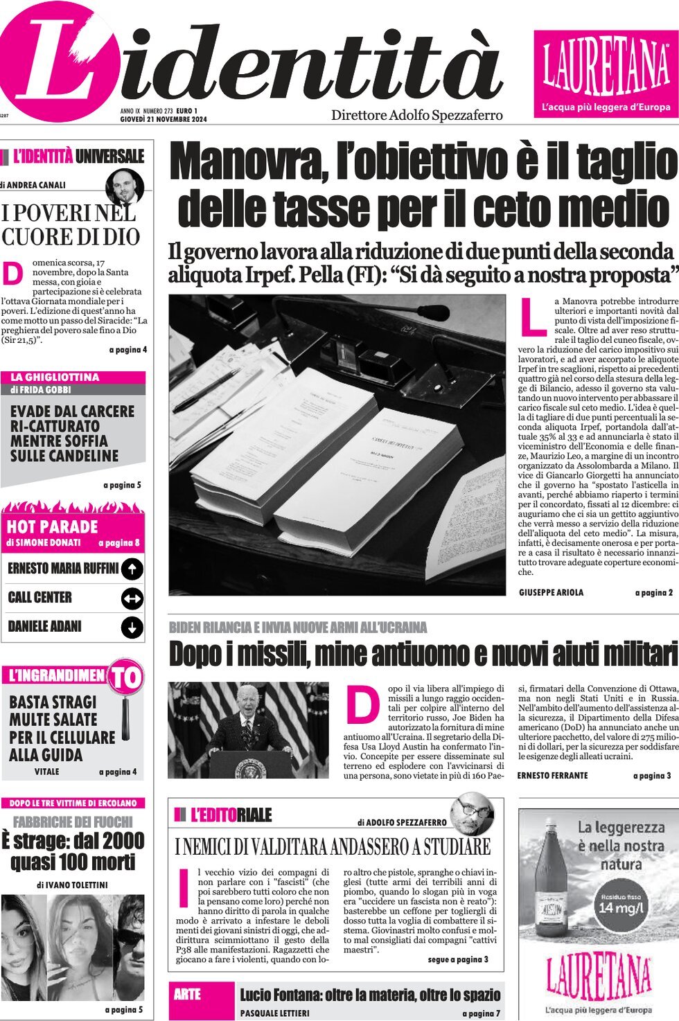 Prima Pagina L'Identità 21/11/2024