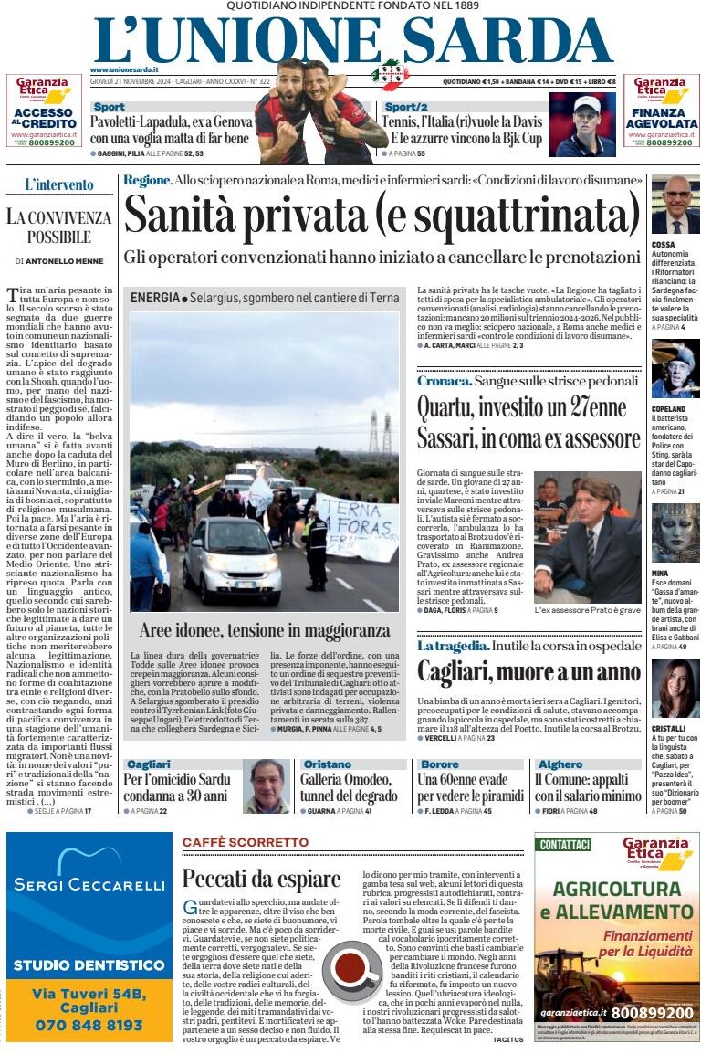 Prima Pagina L'Unione Sarda 21/11/2024