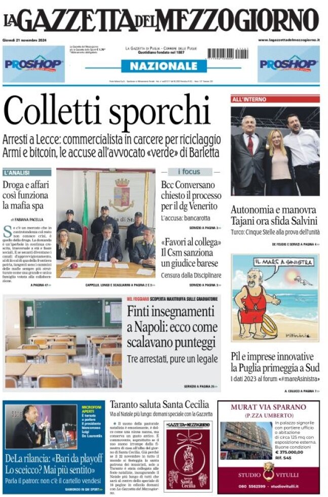 Prima Pagina La Gazzetta del Mezzogiorno (Bari) 21/11/2024