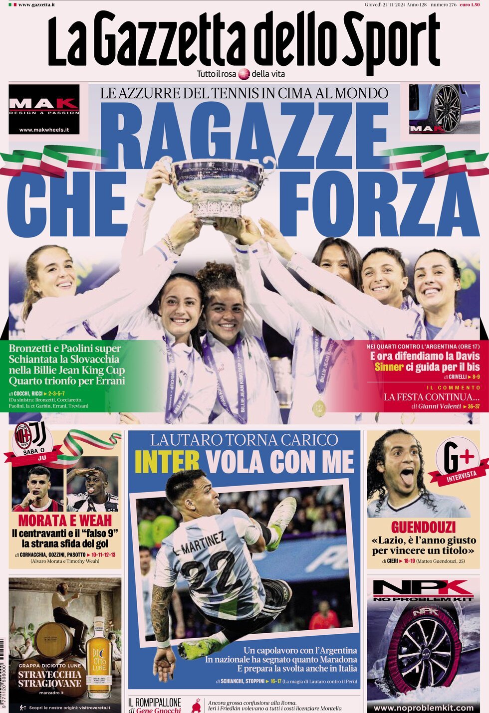 Prima Pagina La Gazzetta dello Sport 21/11/2024