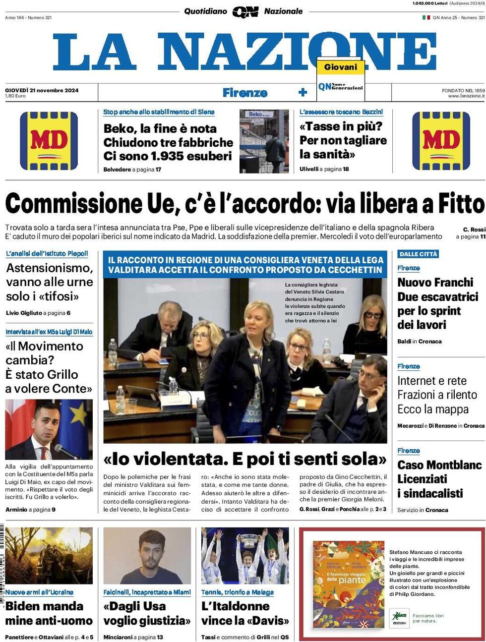 Prima Pagina La Nazione 21/11/2024