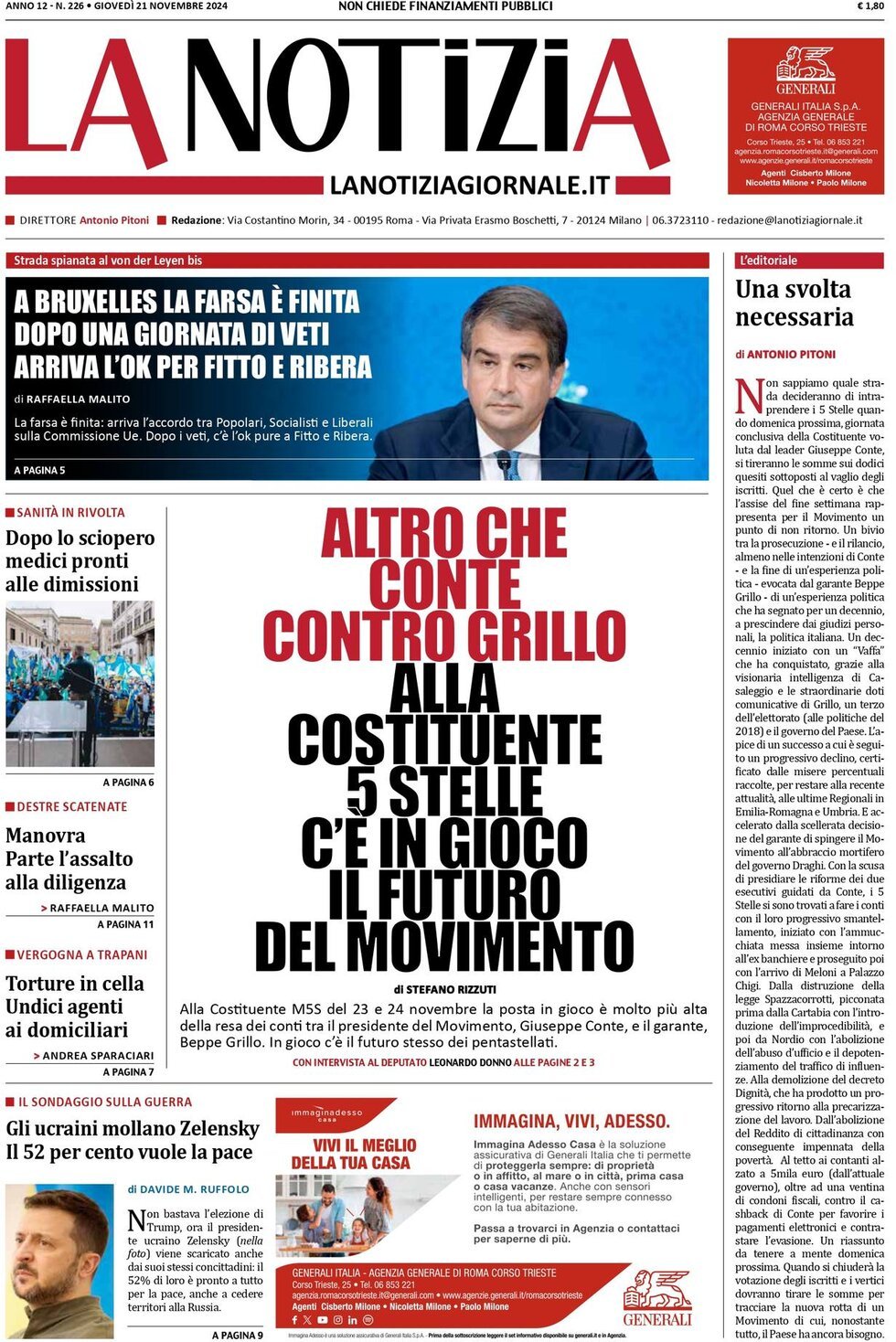 Prima Pagina La Notizia 21/11/2024