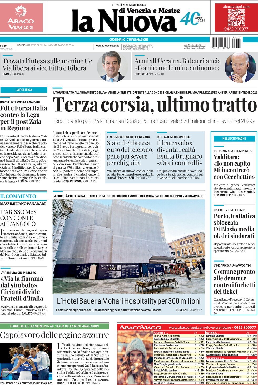 Prima Pagina La Nuova di Venezia e Mestre 21/11/2024