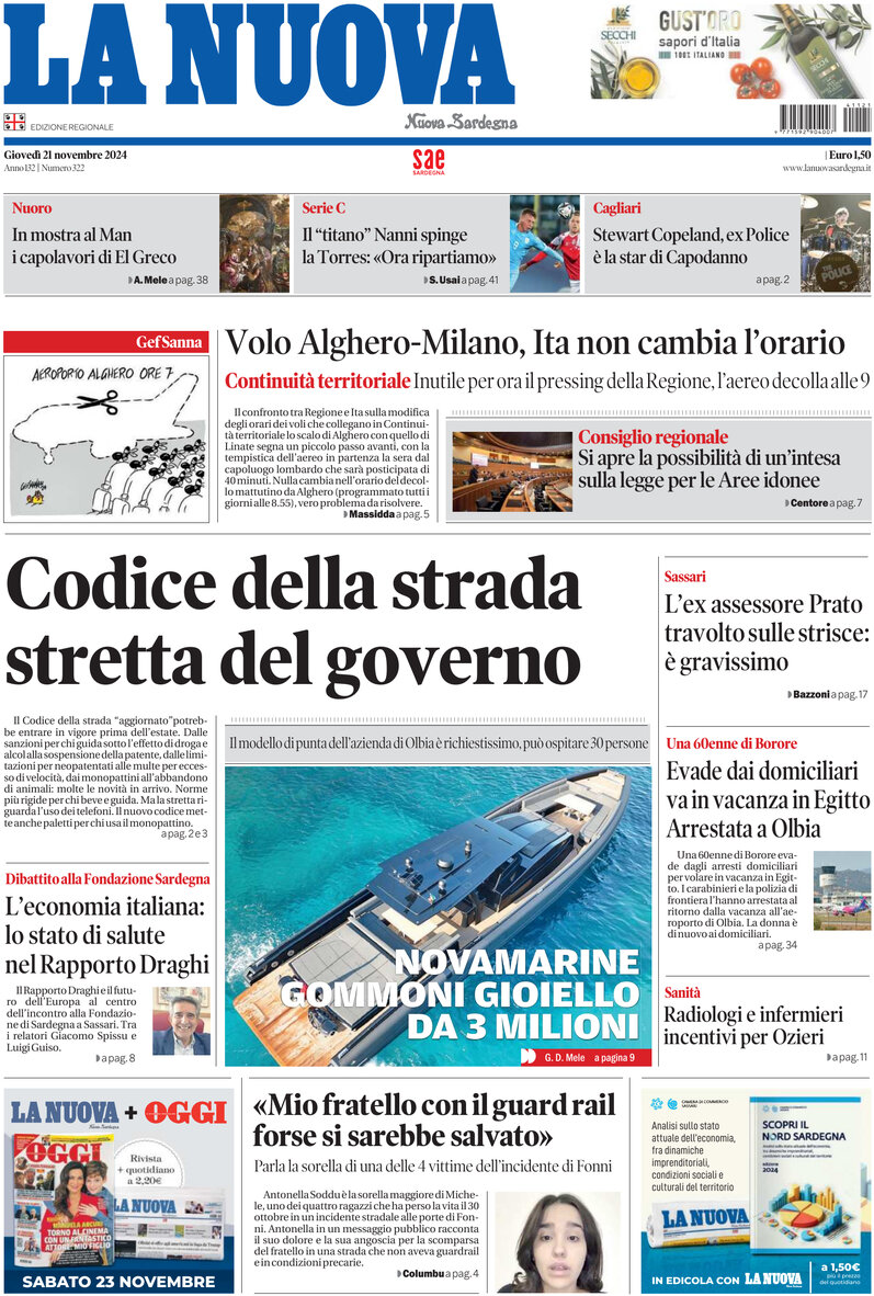 Prima Pagina La Nuova Sardegna 21/11/2024