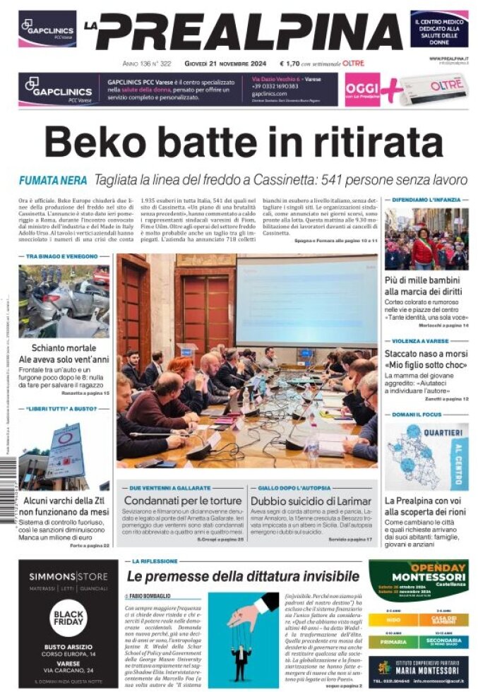 Prima Pagina La Prealpina 21/11/2024