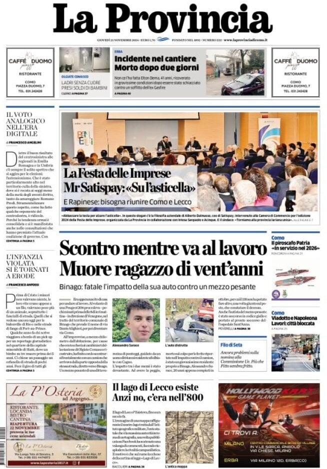 Prima Pagina La Provincia di Como 21/11/2024