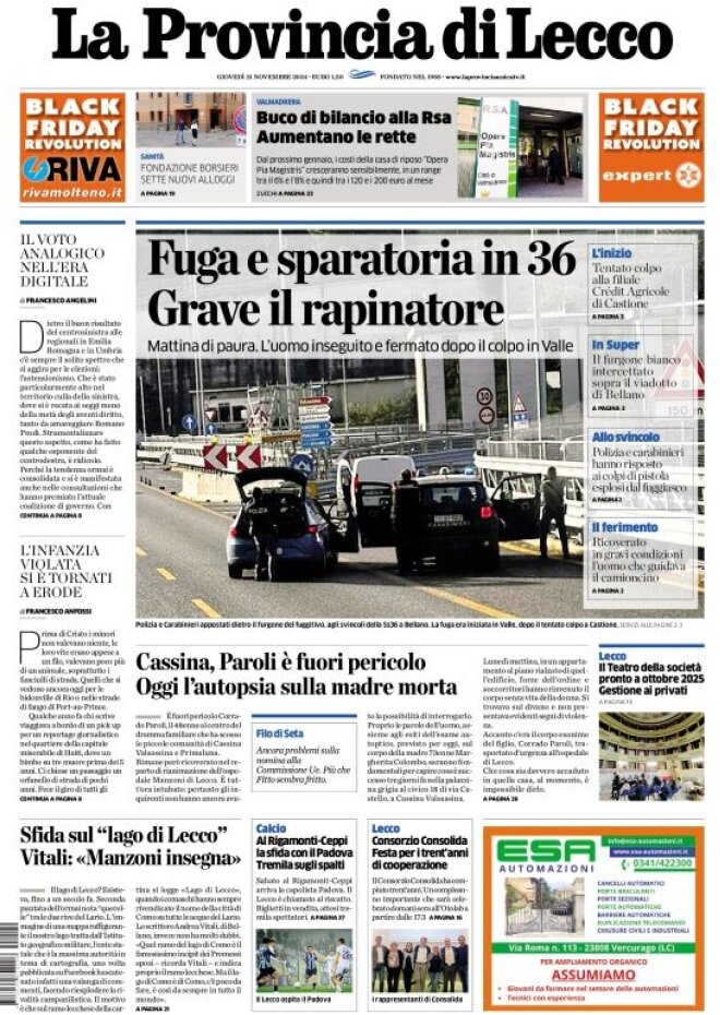 Prima Pagina La Provincia di Lecco 21/11/2024