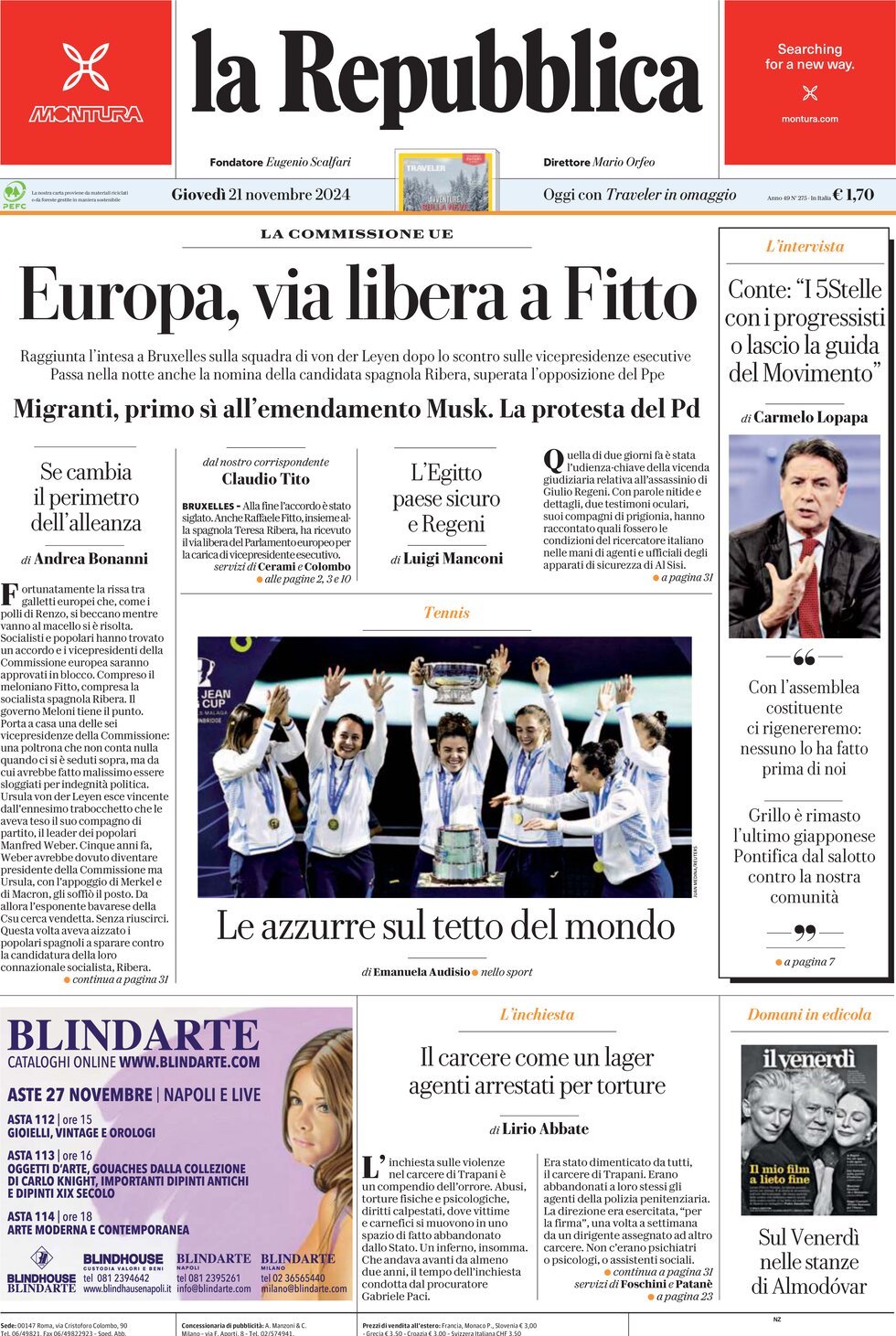 Prima Pagina La Repubblica 21/11/2024