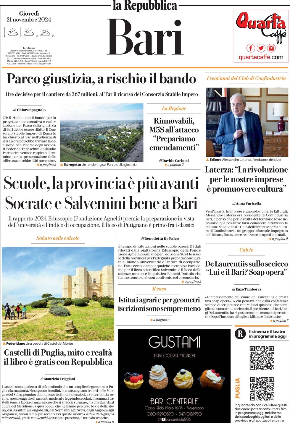 Prima Pagina La Repubblica (Bari) 21/11/2024