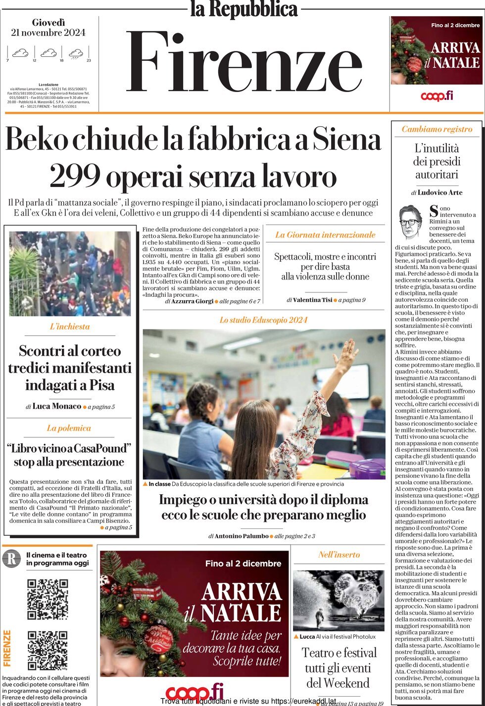 Prima Pagina La Repubblica (Firenze) 21/11/2024