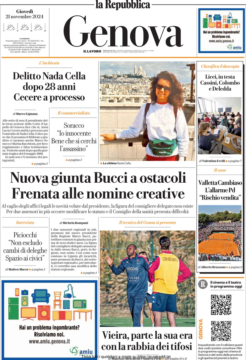 Prima Pagina La Repubblica (Genova) 21/11/2024