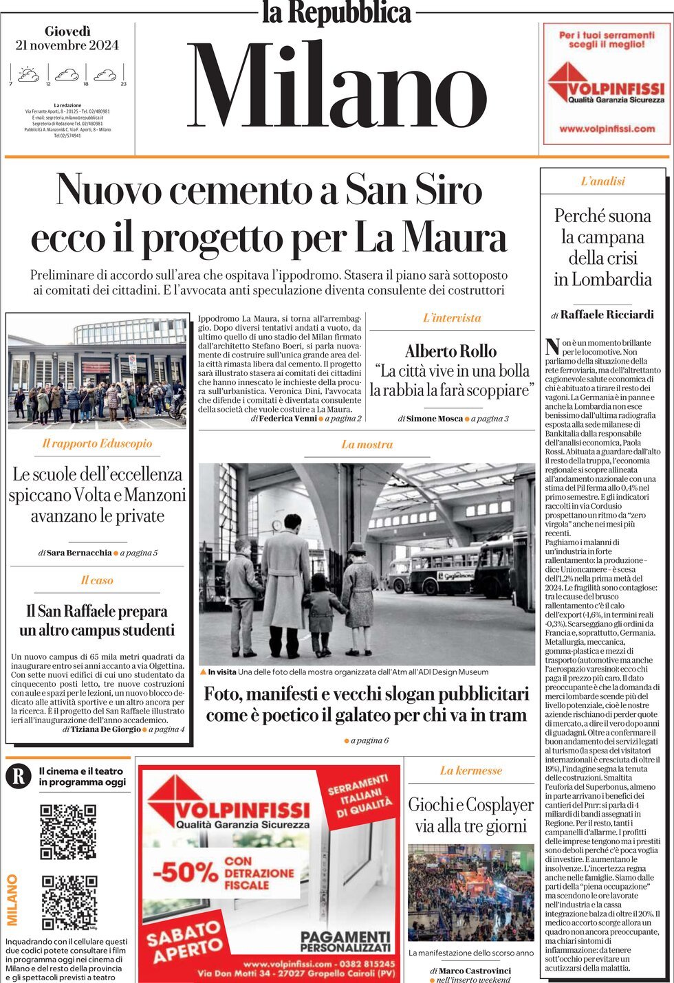 Prima Pagina La Repubblica (Milano) 21/11/2024