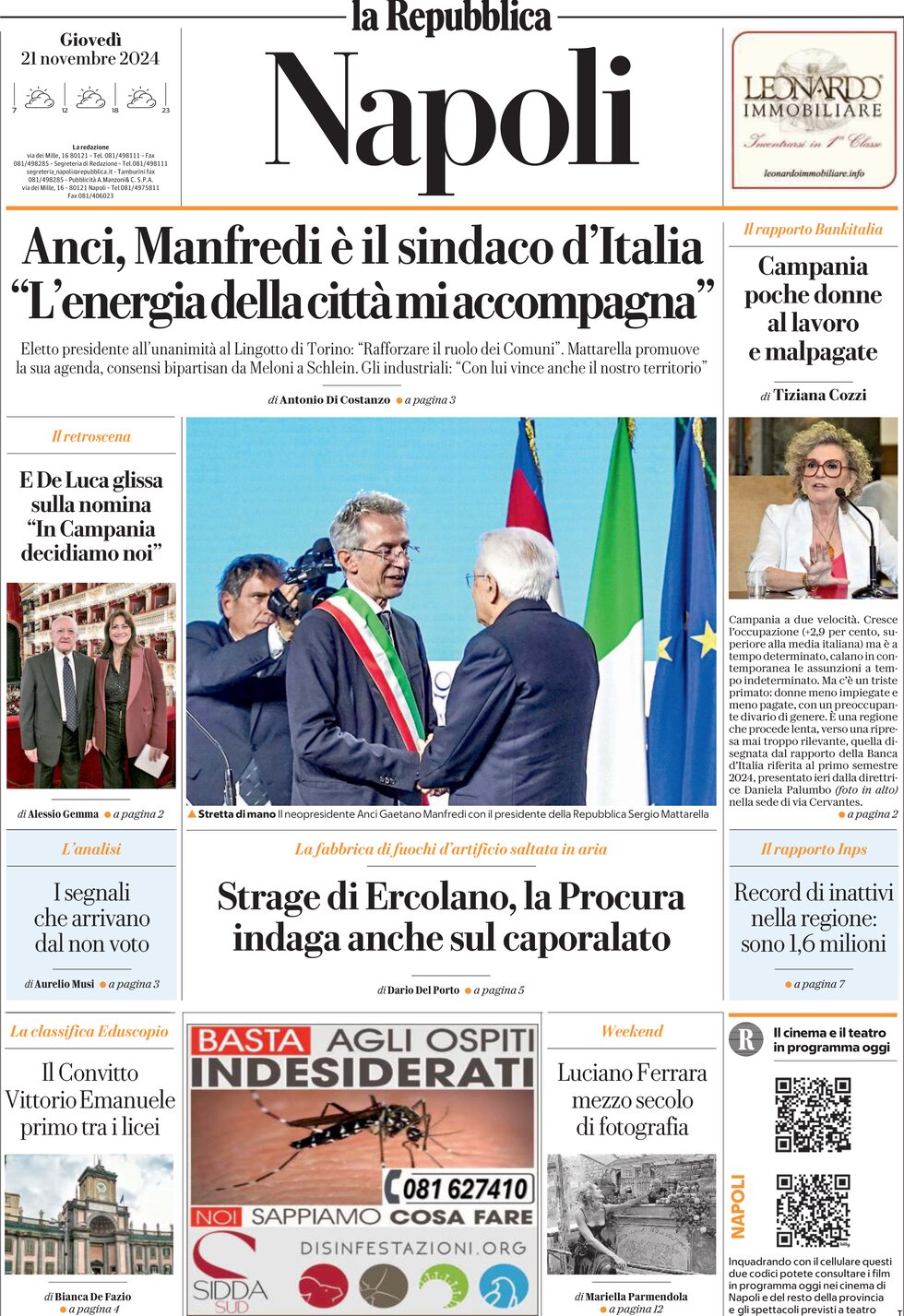 Prima Pagina La Repubblica (Napoli) 21/11/2024