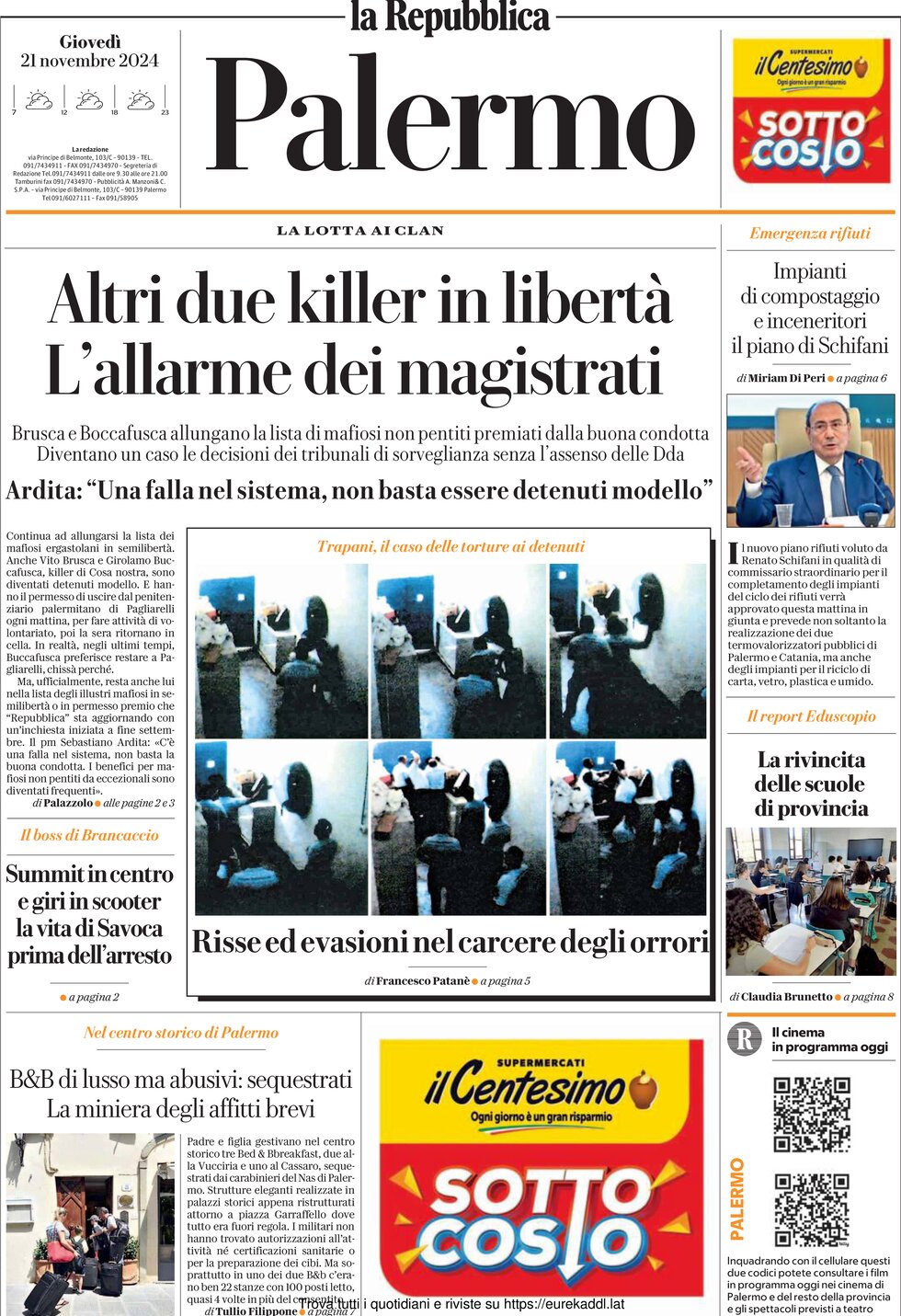 Prima Pagina La Repubblica (Palermo) 21/11/2024