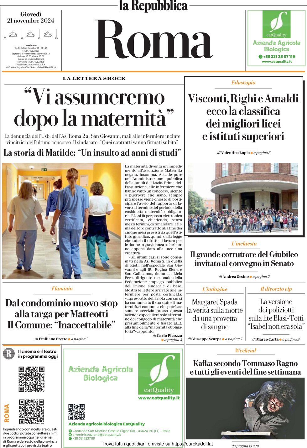 Prima Pagina La Repubblica (Roma) 21/11/2024