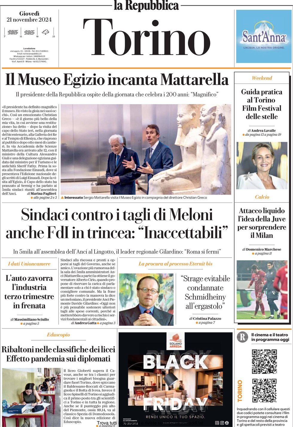 Prima Pagina La Repubblica (Torino) 21/11/2024