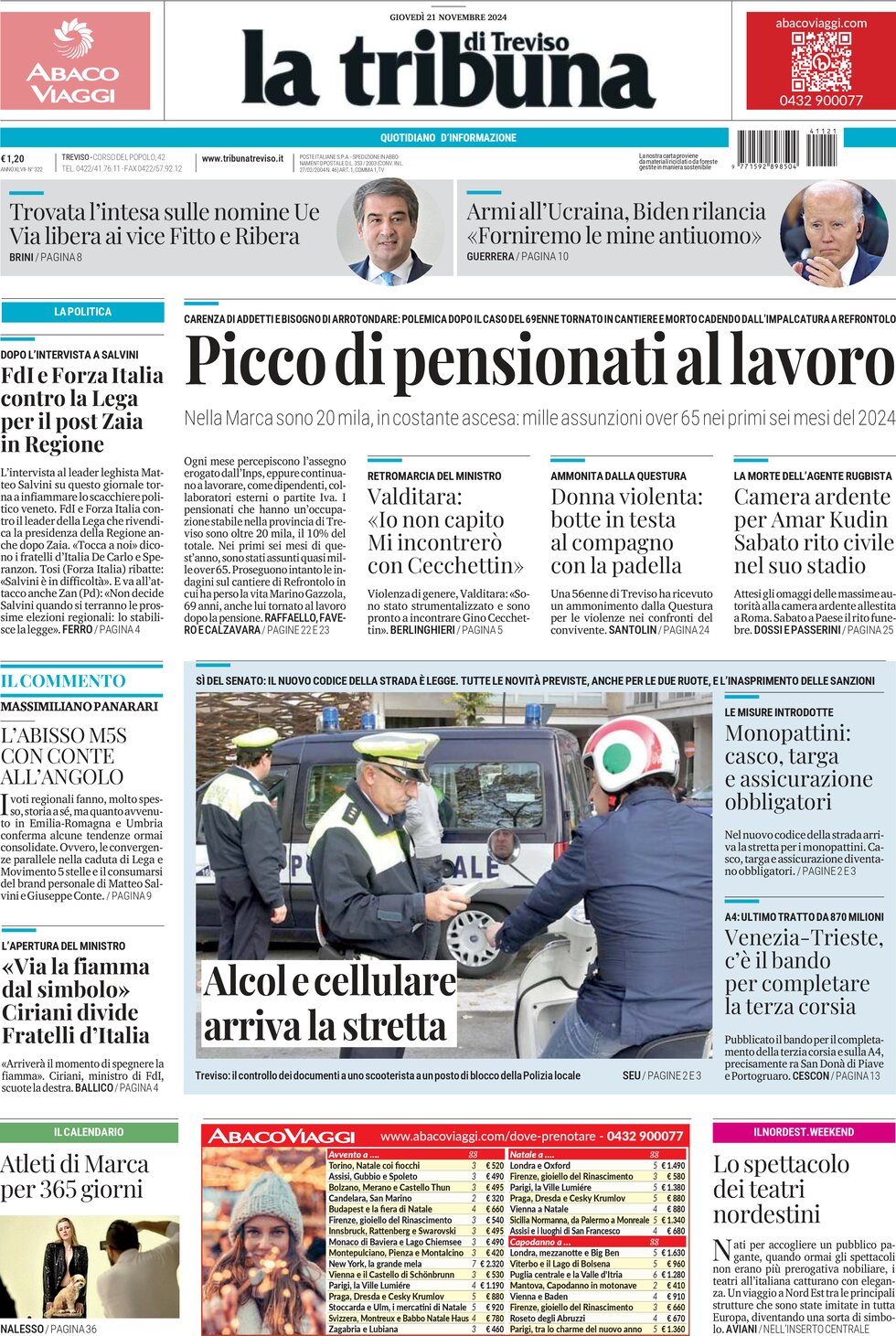 Prima Pagina La Tribuna di Treviso 21/11/2024