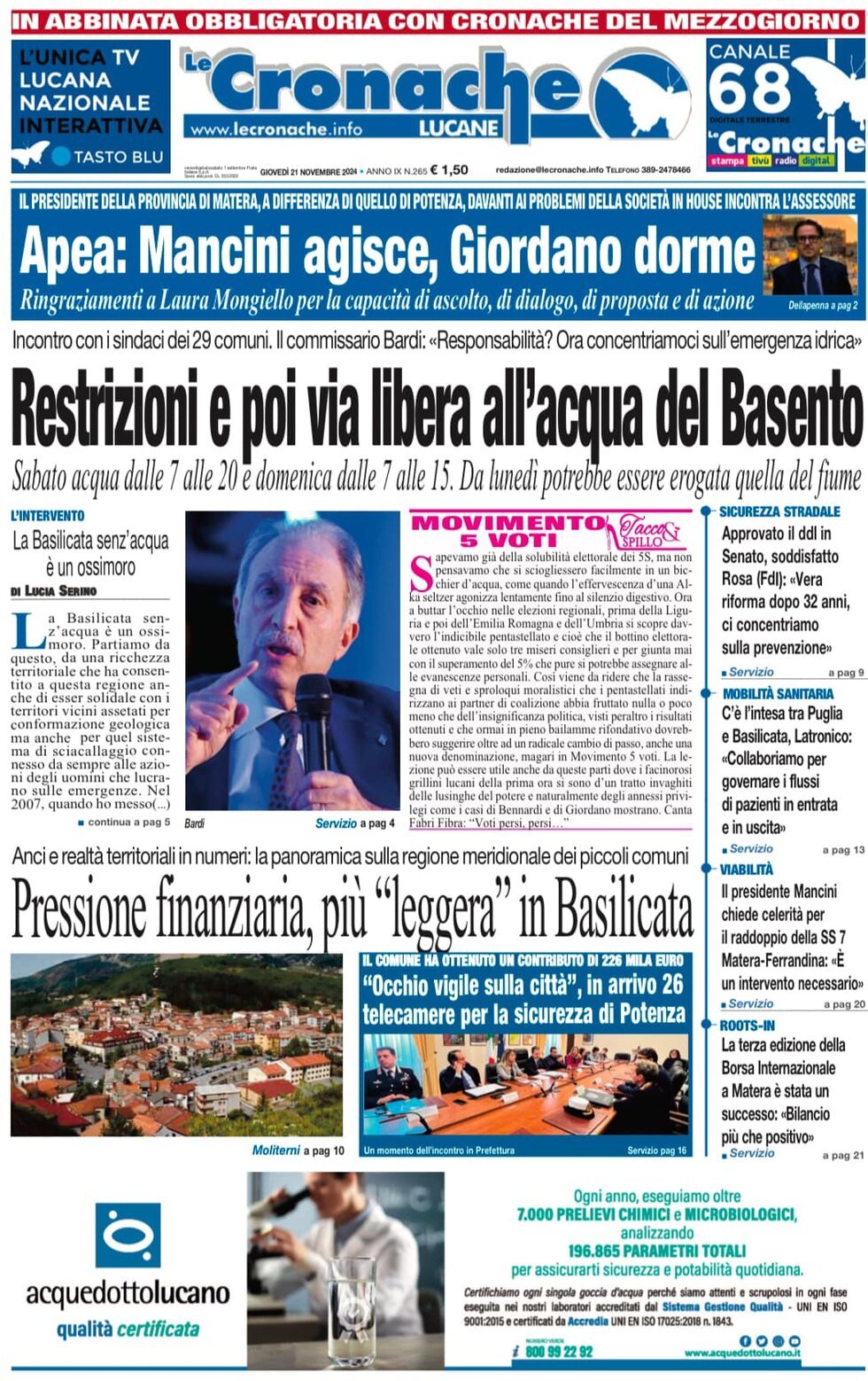 Prima Pagina Le Cronache Lucane 21/11/2024