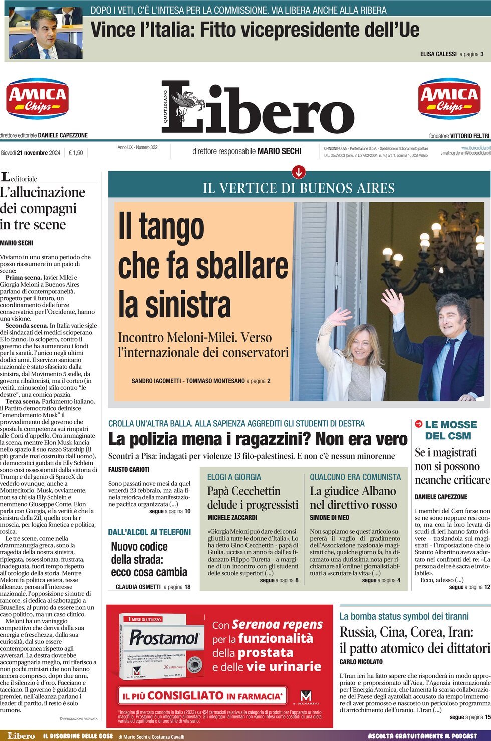 Prima Pagina Libero Quotidiano 21/11/2024