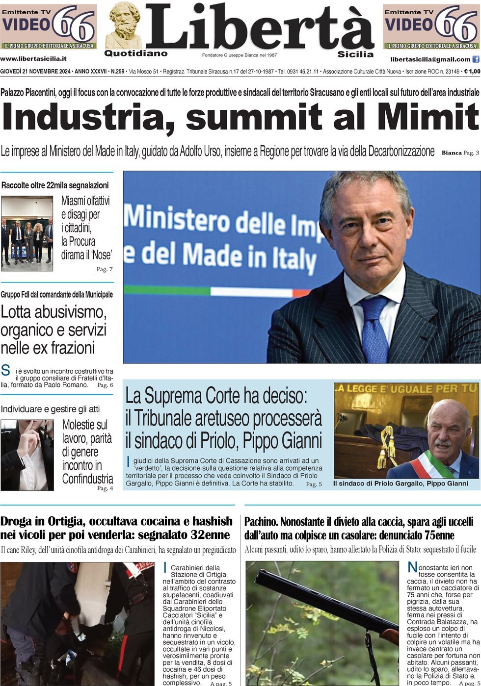 Prima Pagina Libertà Sicilia 21/11/2024