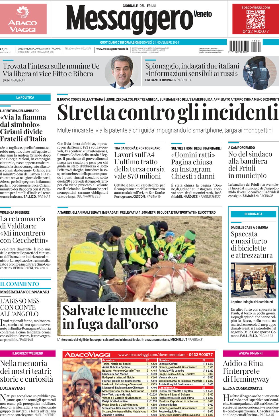 Prima Pagina Messaggero Veneto (Udine) 21/11/2024