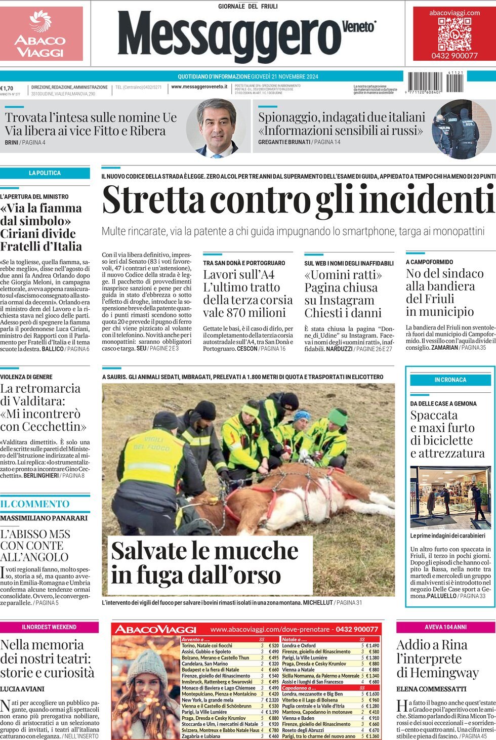 Prima Pagina Messaggero Veneto (Gorizia) 21/11/2024