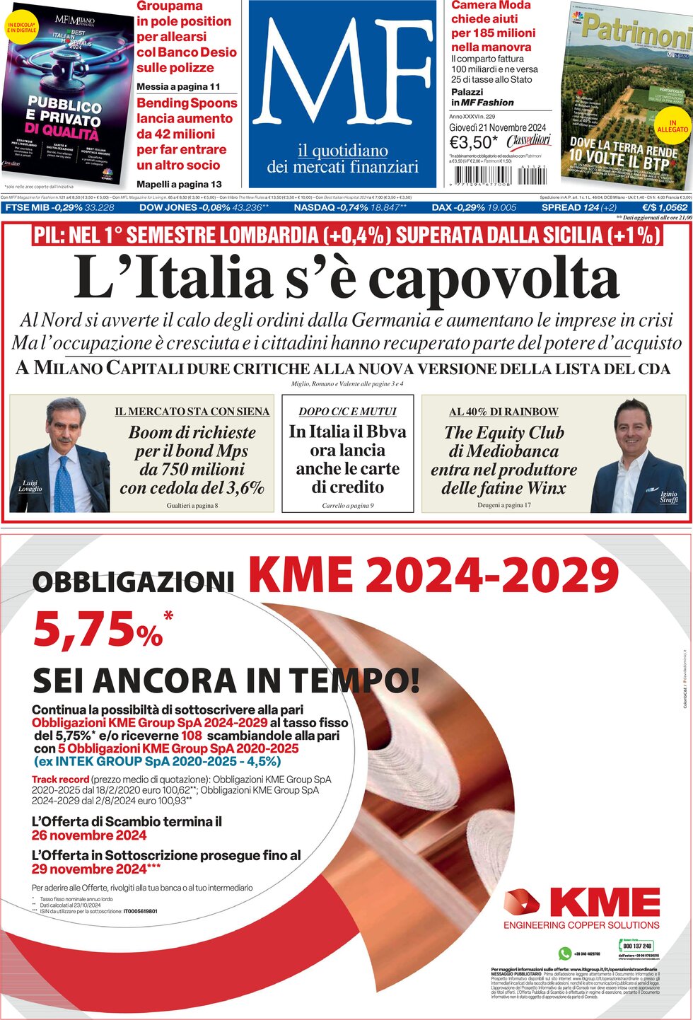 Prima Pagina MF Milano Finanza 21/11/2024