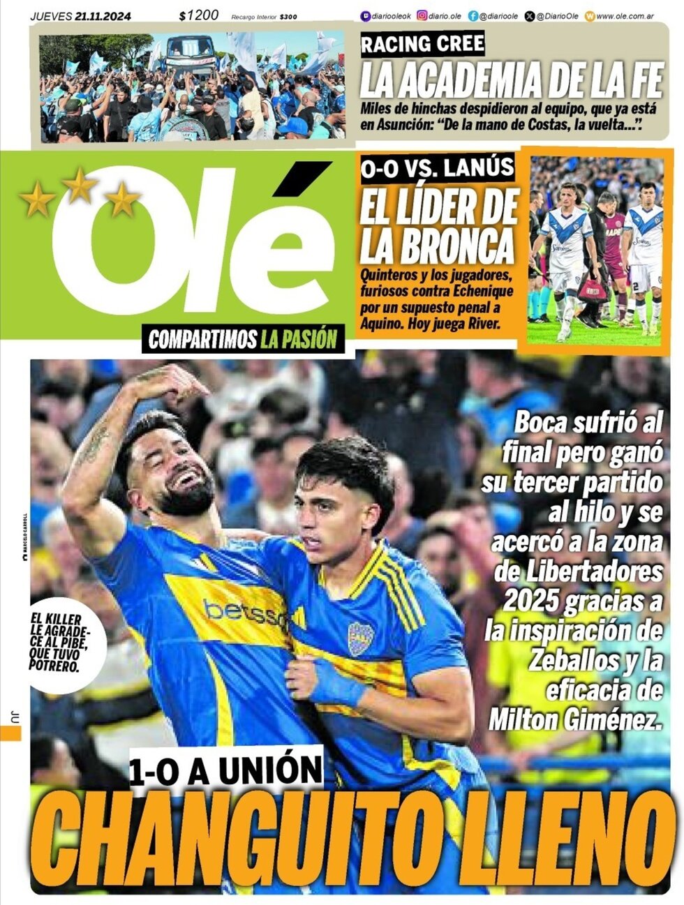 Prima Pagina Olé 21/11/2024