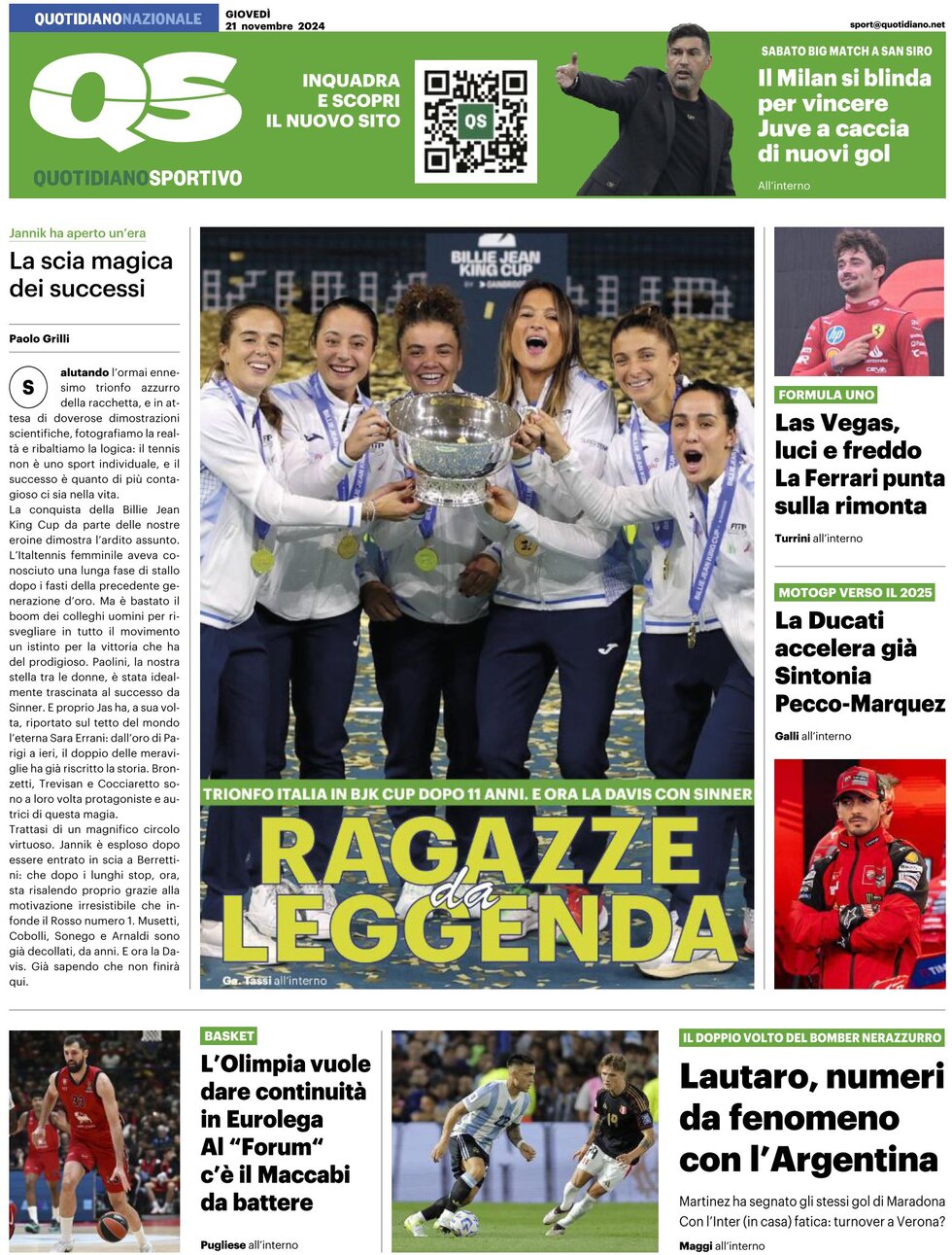 Prima Pagina QS Quotidiano Sportivo 21/11/2024