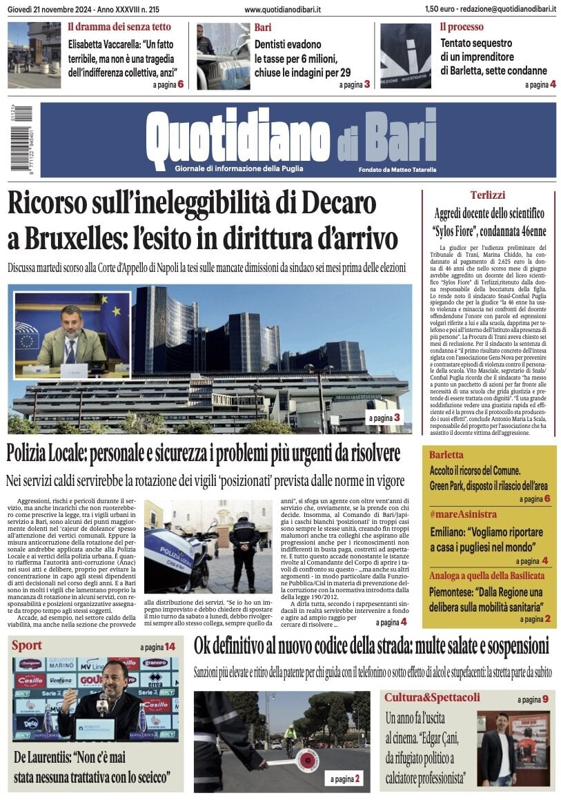 Prima Pagina Quotidiano di Bari 21/11/2024