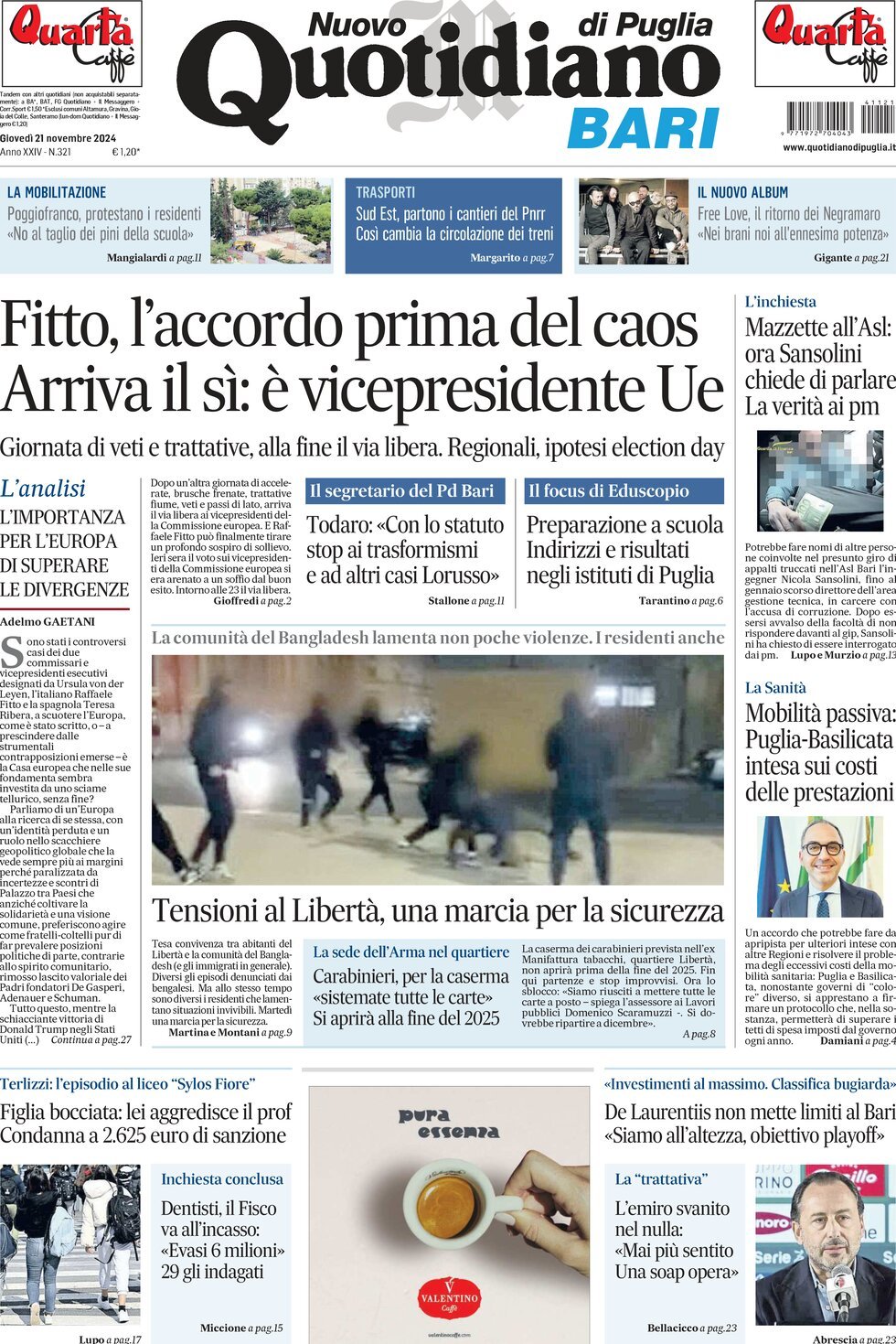 Prima Pagina Nuovo Quotidiano di Puglia (Bari) 21/11/2024