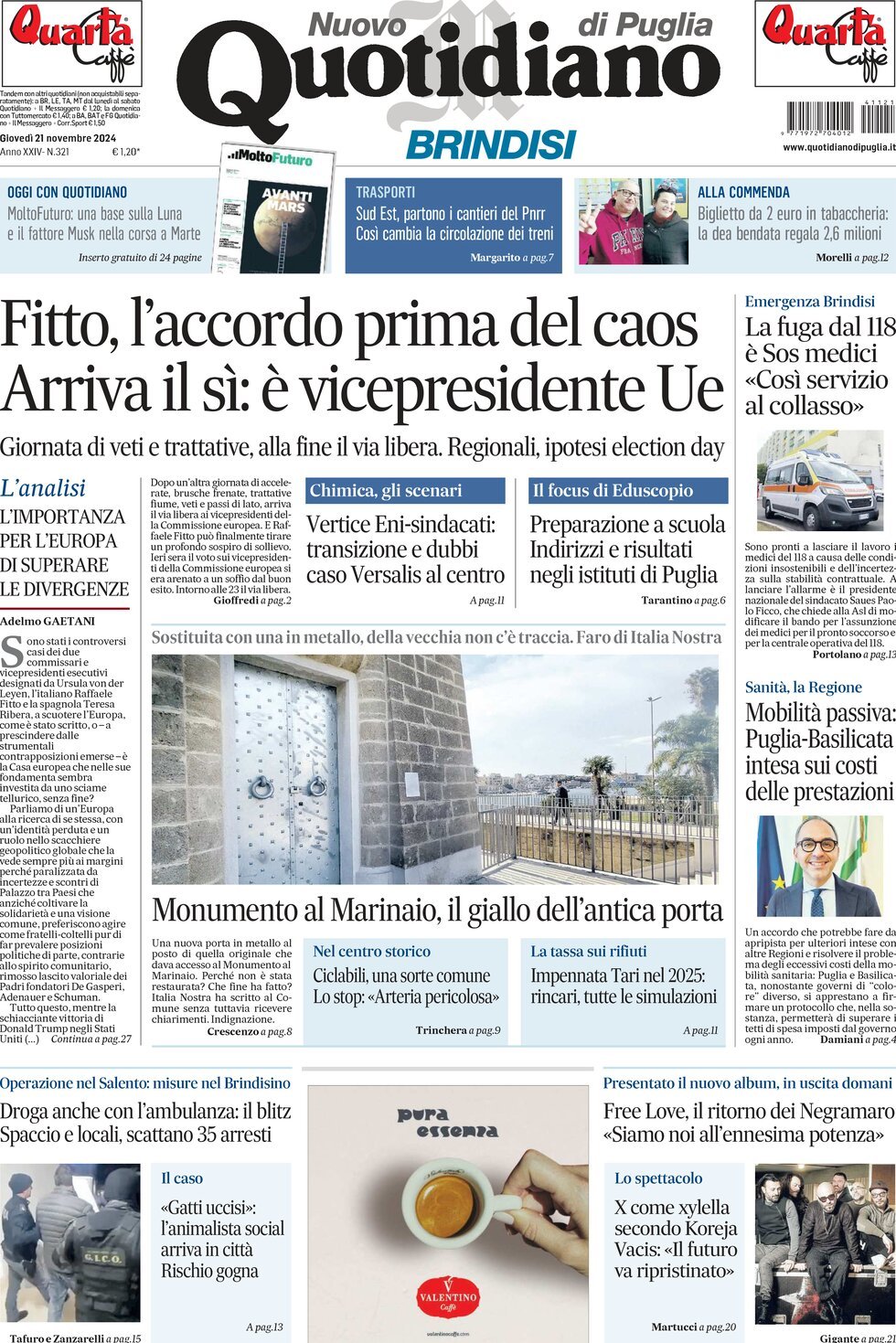 Prima Pagina Nuovo Quotidiano di Puglia (Brindisi) 21/11/2024