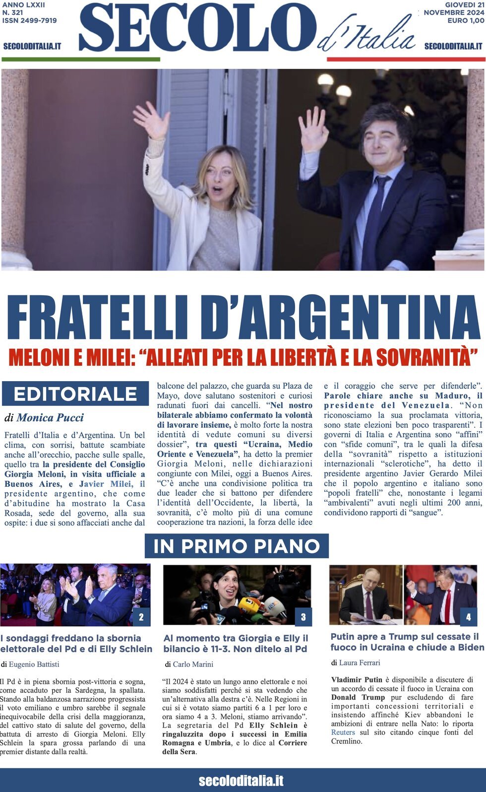 Prima Pagina Secolo d'Italia 21/11/2024