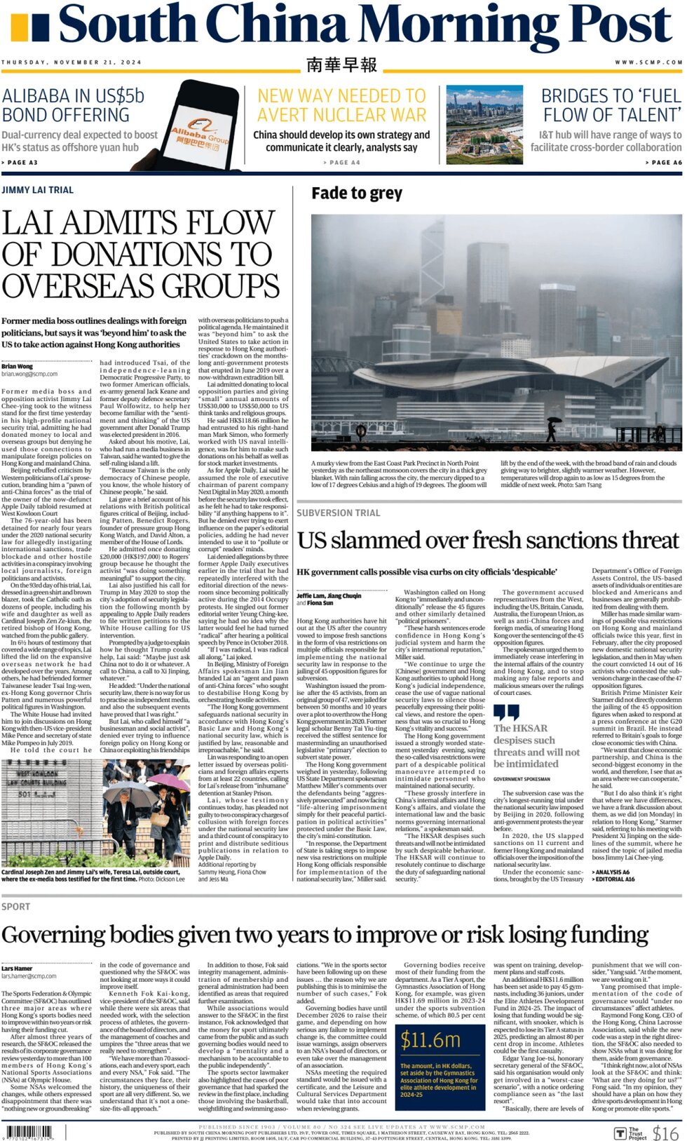 Prima Pagina South China Morning Post 21/11/2024