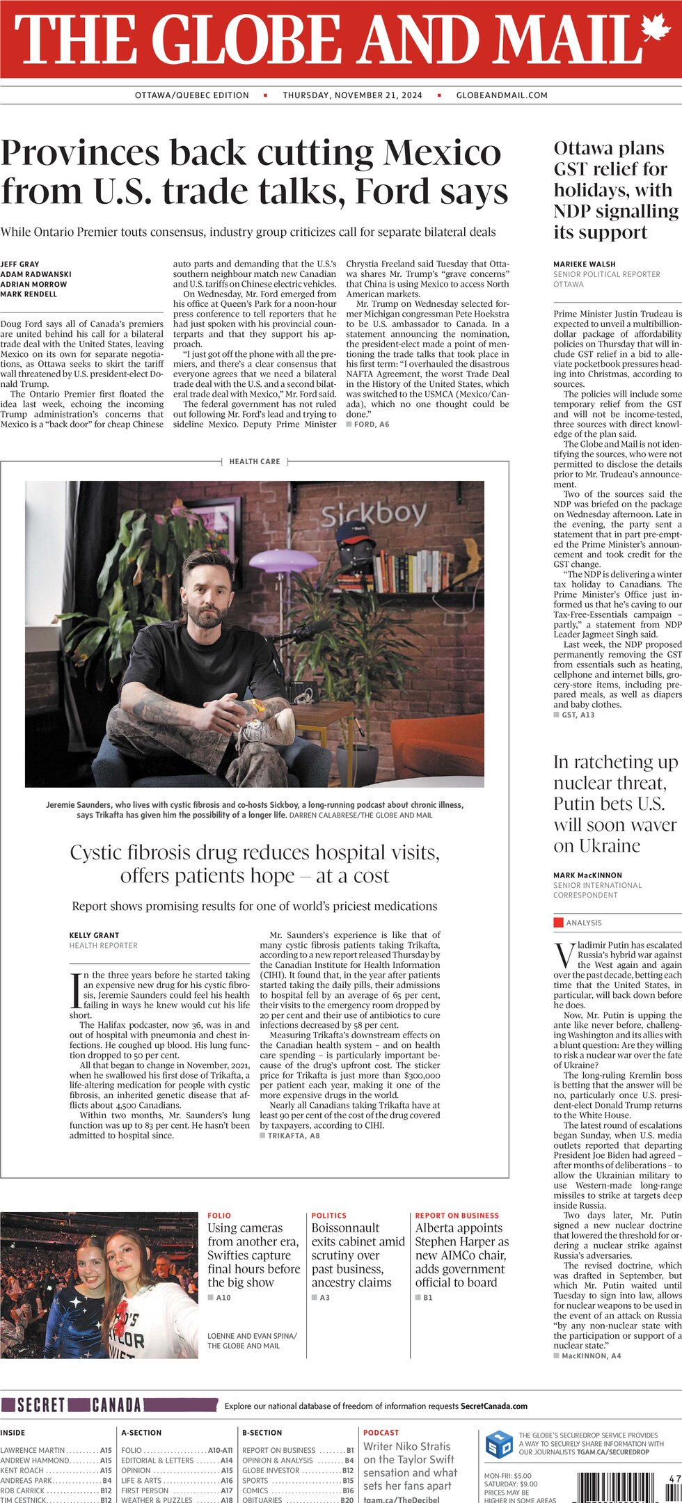 Prima Pagina The Globe and Mail 21/11/2024