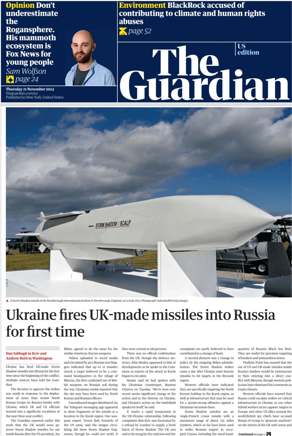 Prima Pagina The Guardian US 21/11/2024