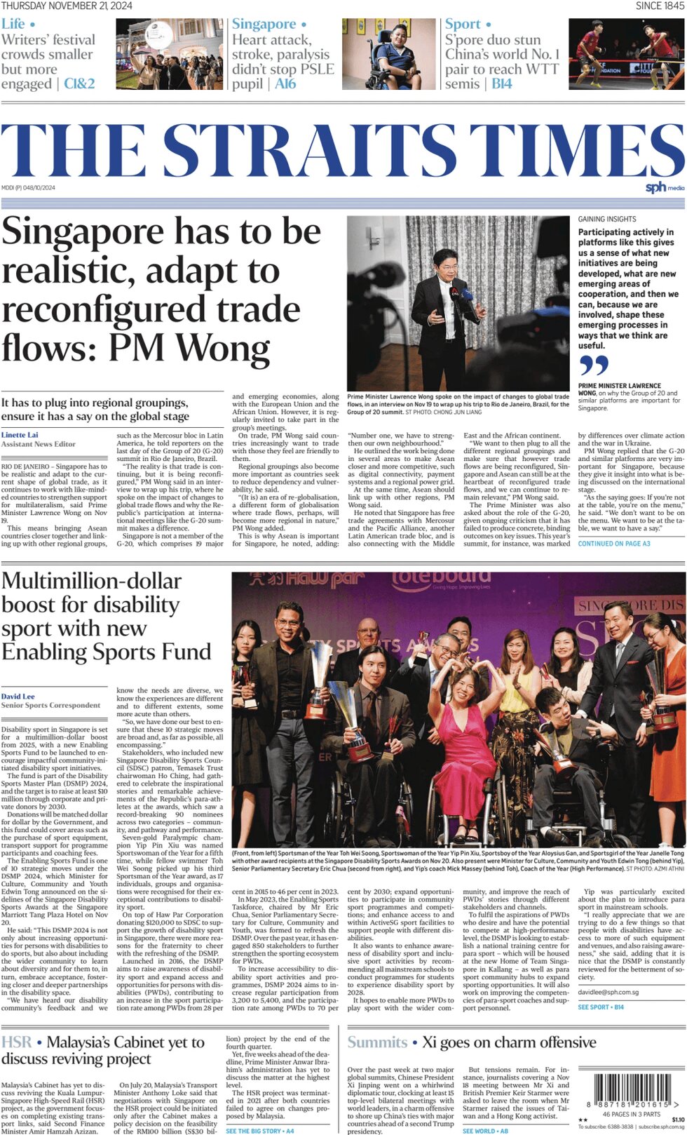 Prima Pagina The Straits Times 21/11/2024