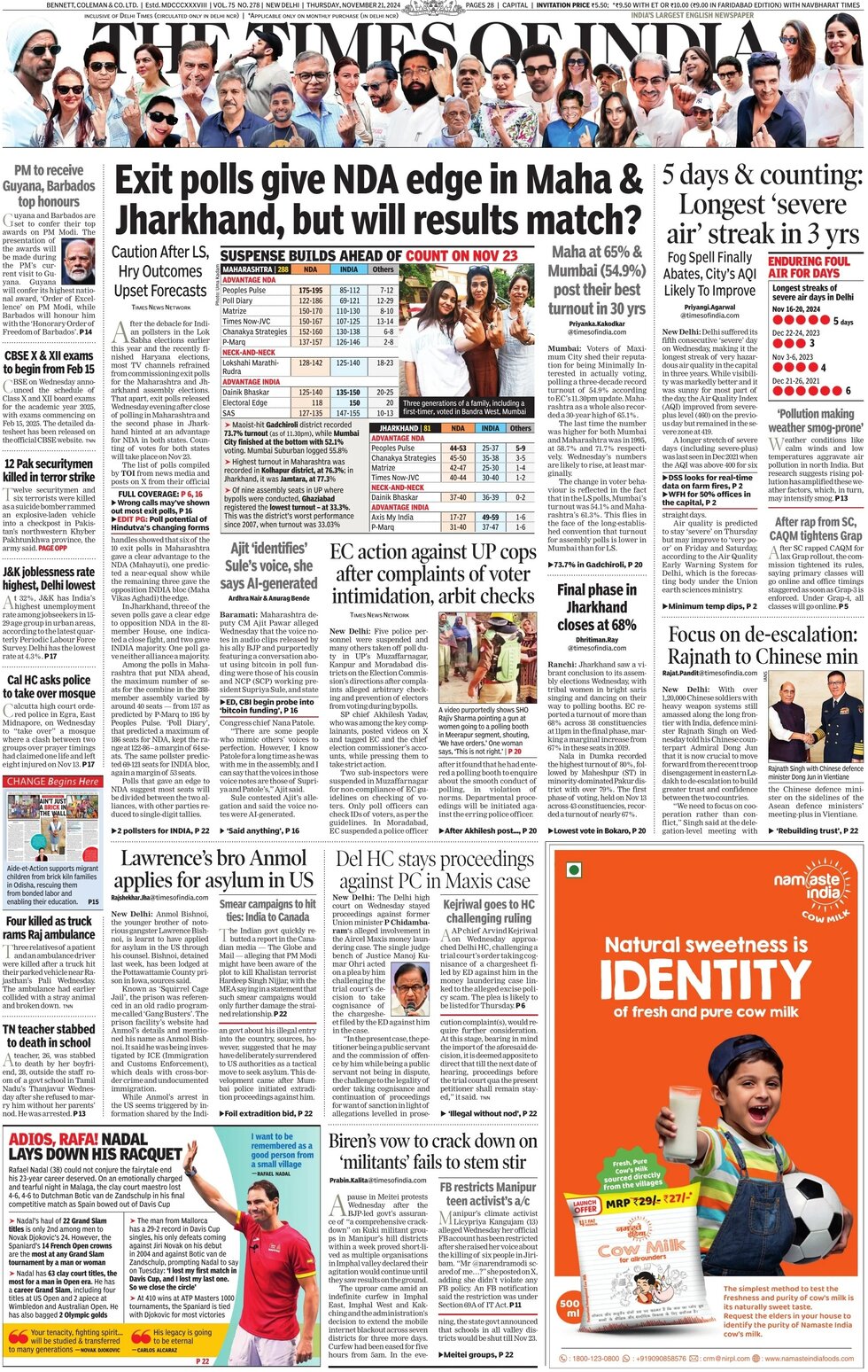 Prima Pagina The Times of India 21/11/2024