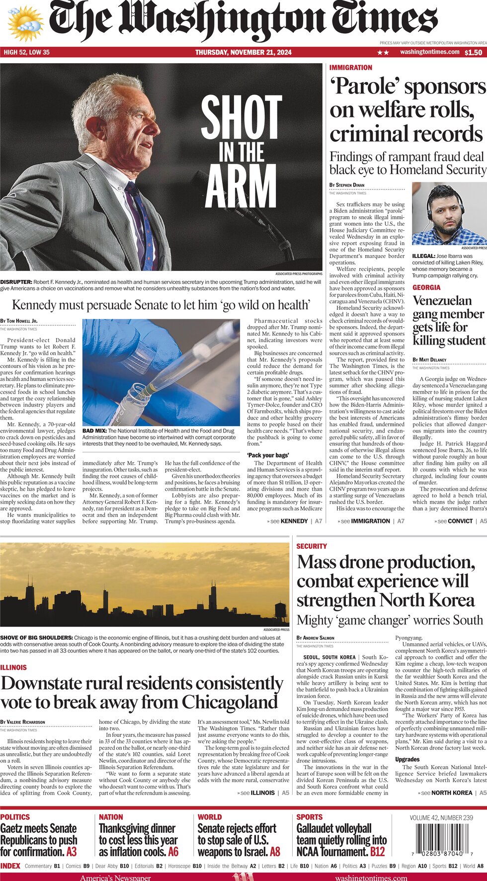 Prima Pagina The Washington Times 21/11/2024