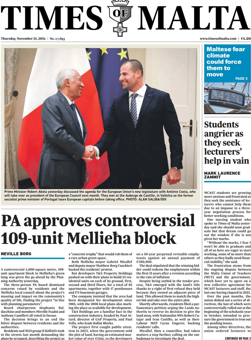 Prima Pagina Times of Malta 21/11/2024