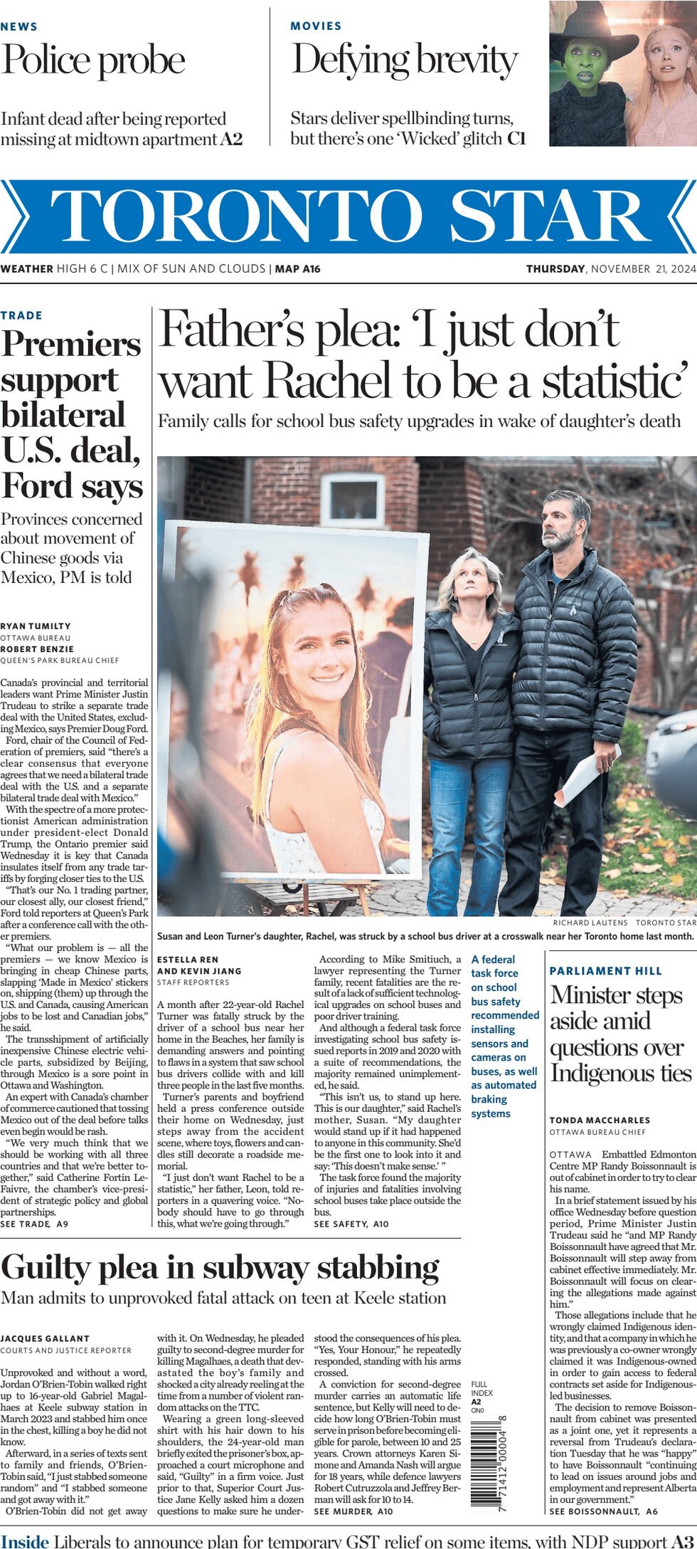 Prima Pagina Toronto Star 21/11/2024