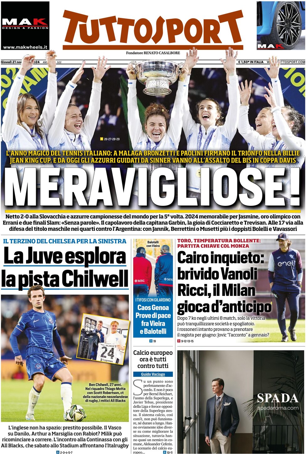 Prima Pagina Tuttosport 21/11/2024