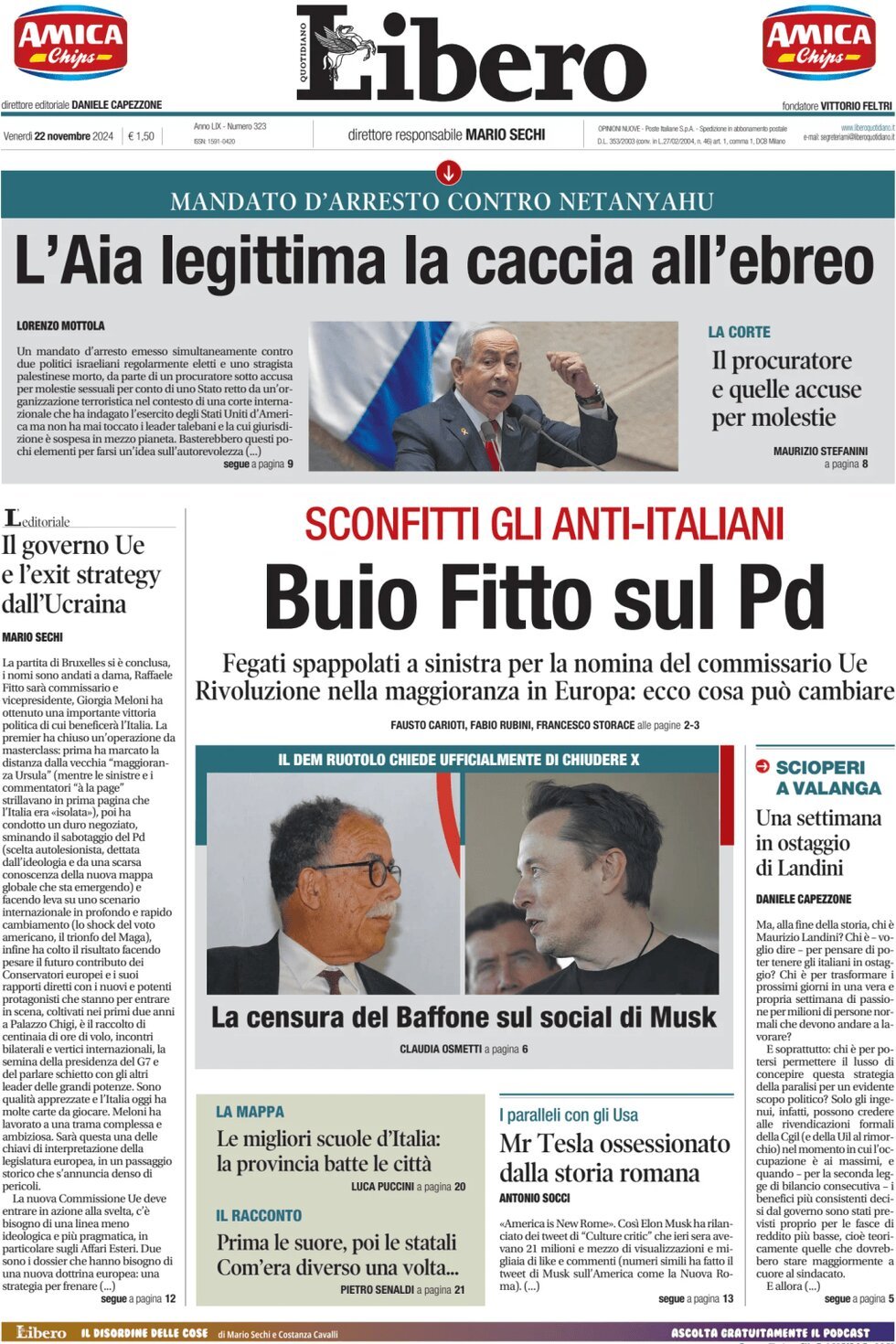 Prima Pagina Libero Quotidiano 22/11/2024